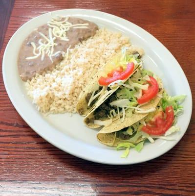 Three Beef Tacos with Rice and Beans