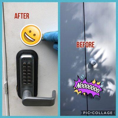 Door knob replaced with a weather proof keypad, great keyless solution for  doors with no overhead.