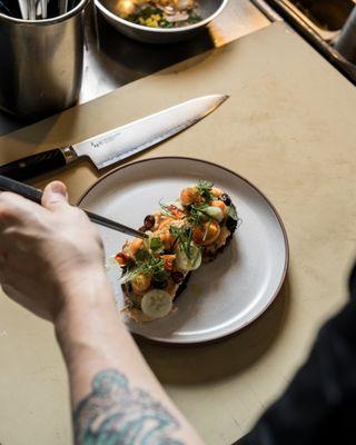 Salmon Tartine - citrus cured salmon, carrot yogurt, gooseberry, sourdough