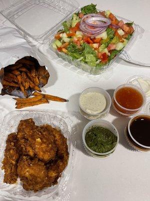 Sweet Potato Fries, Cornflake Chicken Fingers, and Health Salad