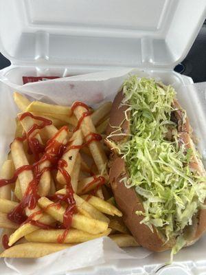 Cheeseburger sub with everything and fries