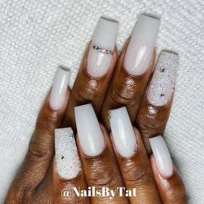 Milky white with diamonds tapped squares Nails