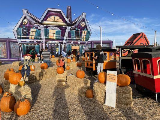 The train and blow up maze at the pumpkin patch