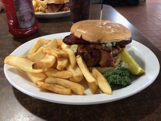 The "Stackwich" BBQ Brisket, Hot Links, topped with Slaw. Delicious. Check in date 3/14/23