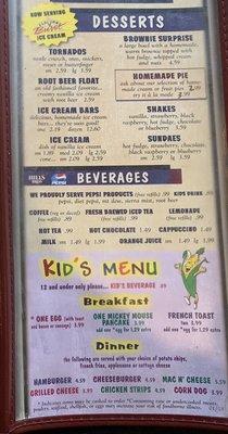 Desserts and kids menu