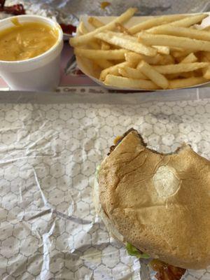 Bacon cheeseburger and cheese fries