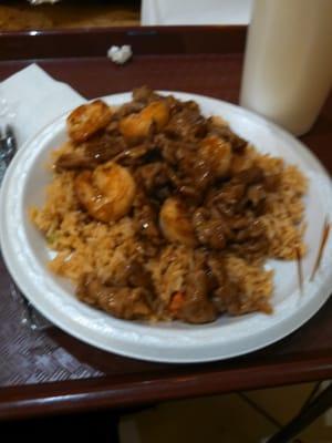 Beef and shrimp teriyaki with fried rice. Yum!