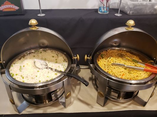 Rice with peas (right) and noodles (left)