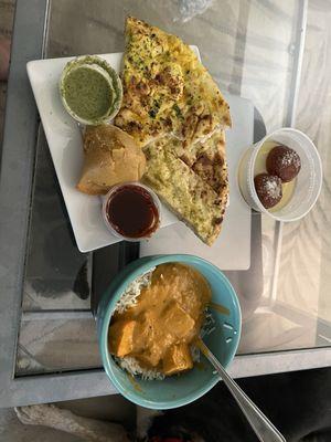 Garlic naan, basil naan, Samosa, chicken tikka masala, house dessert