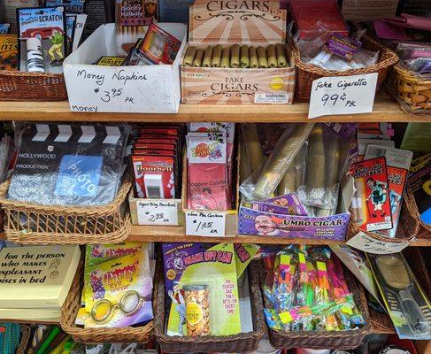 Gag items like snack in a can and fake cigarettes and cigars