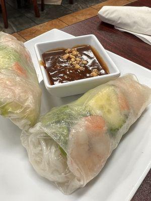 Fresh rolls (Spring rolls)  with shrimp and peanut sauce for dipping.  Really good,  made to order.