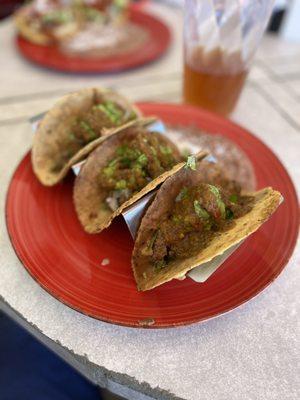 Carne Asada tacos (not hard corn shell, they just look like it). So good!