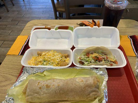 Yummy fish taco, Super shredded chicken burrito.