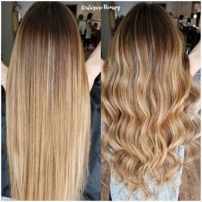 Straight vs. Curled balayage done by Shea