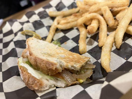 Vegan veggie sandwich with crispy fries