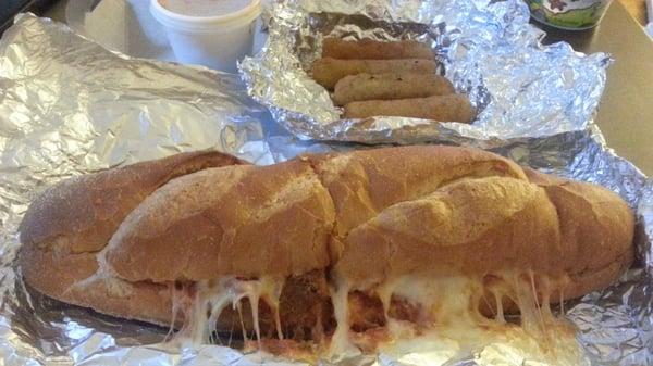 Eggplant parm hero and mozz sticks.  Cheese, cheese and more CHEEEESE!!