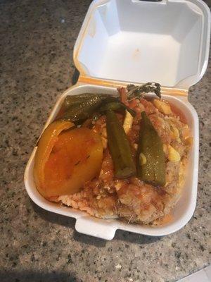 White rice, callaloo, ackee & saltfish, topped with fish gravy and okra! Breakfast of champions!!