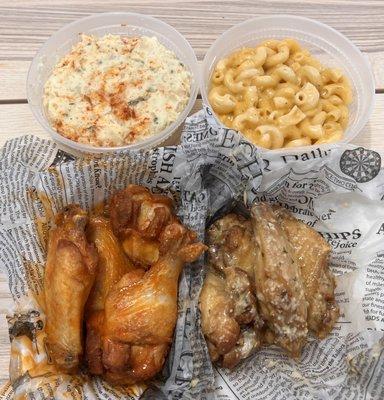 Wings: regular hot and garlic parmesan.  Sides: potato salad and mac and cheese.