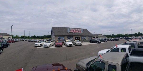 Freshly paved parking lot with over 600 used vehicles for sale.