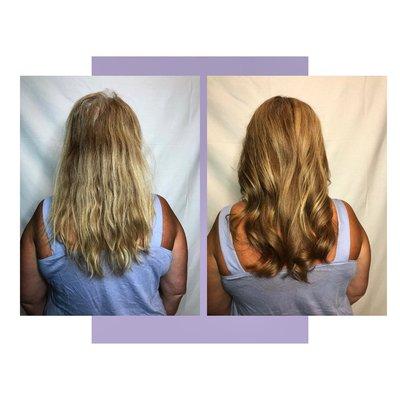 Problem: Extreme Outgrowth, Dryness, Frizziness   Solution: Reverse Balayage/Haircut/Conditioning Treatment