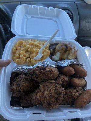 fries chicken, hush puppies, mac and cheese and mashed potatoes