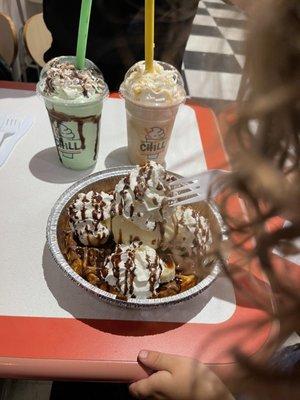 Grasshopper milkshake (green) German chocolate milkshake, and a waffle with Nutella and bananas