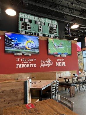 Interior seating. The cards under their TVs tell you which teams and what times the games will be broadcast!