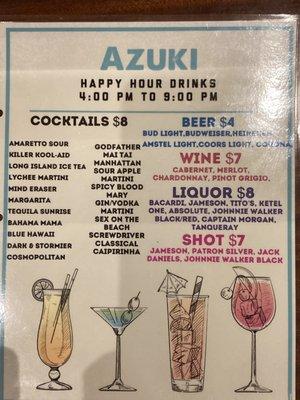 Happy hours drinks menu.