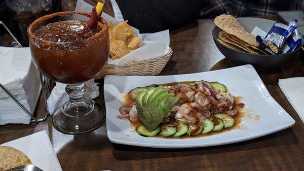 Aguachiles Negros and a Michelada with Negra Modelo