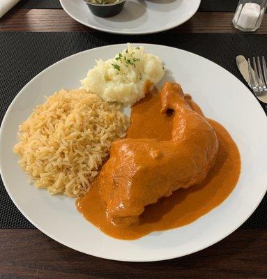 Pollo Encacahuatado, rice, and mashed potatoes. It was awesome.