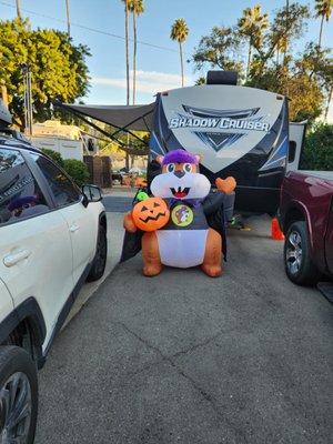 Our trailer decorated for Halloween