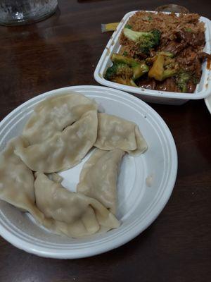 Slightly grazed on Beef and broccoli and steamed dumplings