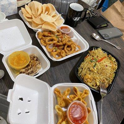 Top clockwise,  Shrimp crackers, A9. Thai Golden Crispy Calamari, P6. Singapore Rice Noodle (shrimp), A3. Four Crab Rangoon, A10. Roti Canai