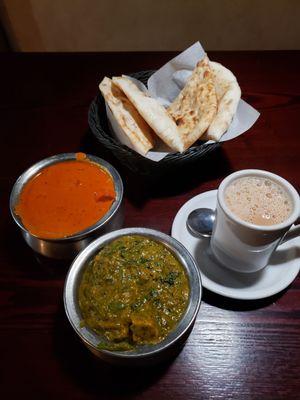 Naan, Chicken Tikka Masala,  Saag Tofu, Chai Tea