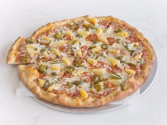 Spicy Hawaiian- Pepperoni, Pineapple, Jalapeño.