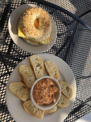 Spicy feta crostini and everything bagel...