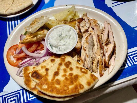 Combo C Lunch: Gyro Plate (Chicken), 1 Spanakopita, 1 Tyropita, 1 Pita, Oven Roasted Potato Wedge & Tzatziki Sauce.