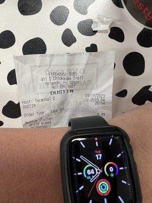 Order time on receipt and time on watch, still no food.