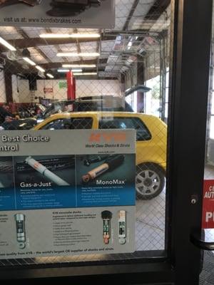 View into car shop from lobby