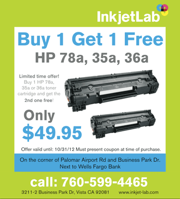 October Special: Buy 1 HP 78a, 36a or 35a toner cartridge and get the 2nd free. Valid 'til 10/31/12