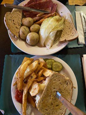 Corned beef and cabbage and a Reuben sandwich