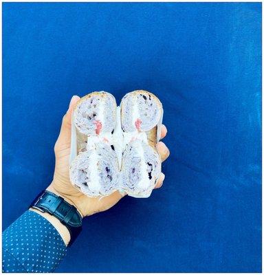 You're the cream to my bagel baby. ;) Blueberry Bagel and Strawberry CC. #HandModel #BagelBreakfast #YeastieBoys