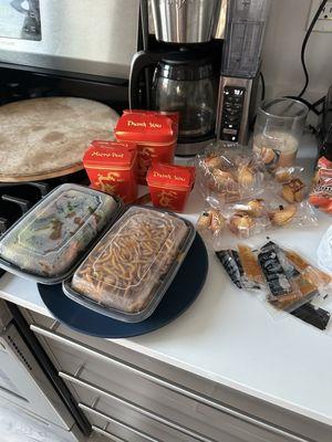 Lots of rice, lo mein, beef and broccoli, sauces and fortune cookies... not pictured was the wanton soup and crab Rangoon.