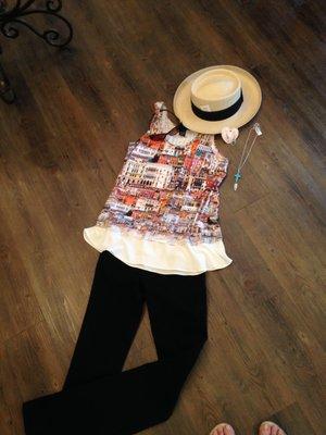 Karen Kane Citiscape Tank top with ruffle trim on bottom, Jag Jeans, Panama Hat and Brighton Jewelry