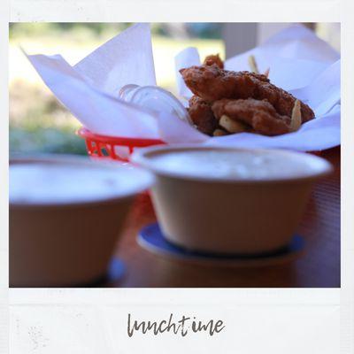 Lunch on! Buttermilk Fried Chicken with crispy Shoestring Fries and tasty New England Clam Chowder in the Squatchsami Outpost Dining Room.