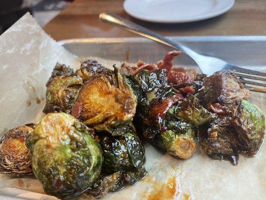 Brussel sprouts with pork calabrese in a peach glaze