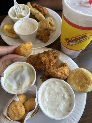 Chicken 4 Tender Dinner, 8 Corn Nuggets, Regular Mashed Potatoes, 6oz Gravy and sweet tea