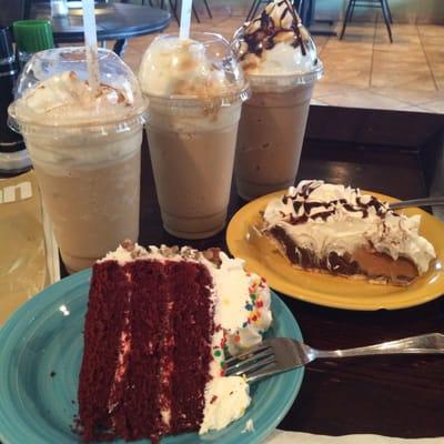 Left to right, frozen cinnamon roll, stardust, and take 5 (drinks) I got the red velvet cake and a piece of Reese pie!