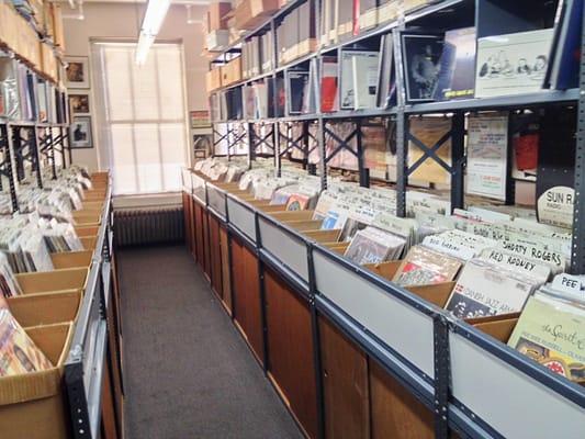 One of the five aisles of LPs and CDs at Jazz Record Center. We also carry jazz books, DVDs, posters, memorabilia and postcards.