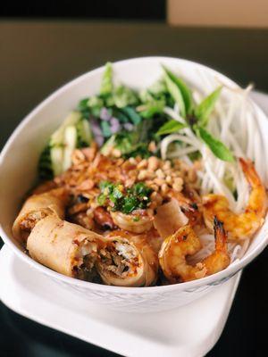 Grilled Shrimp Vermicelli with a side of egg roll